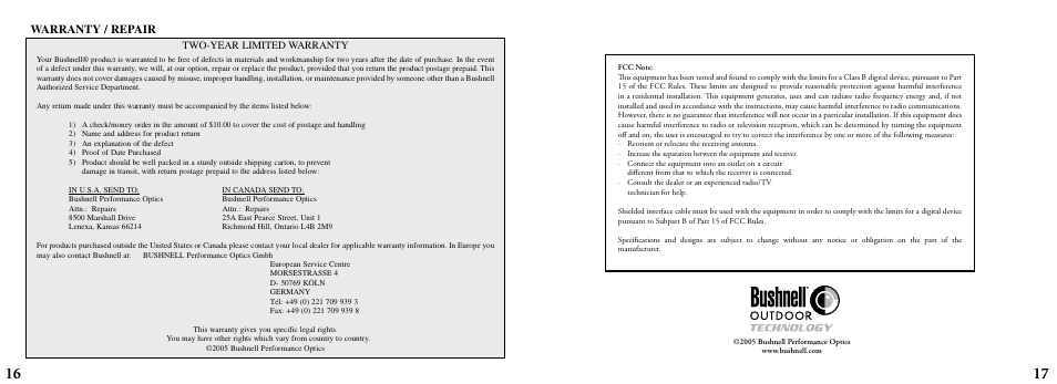 Warranty / repair | Bushnell ImageView 11-8200 User Manual | Page 9 / 45