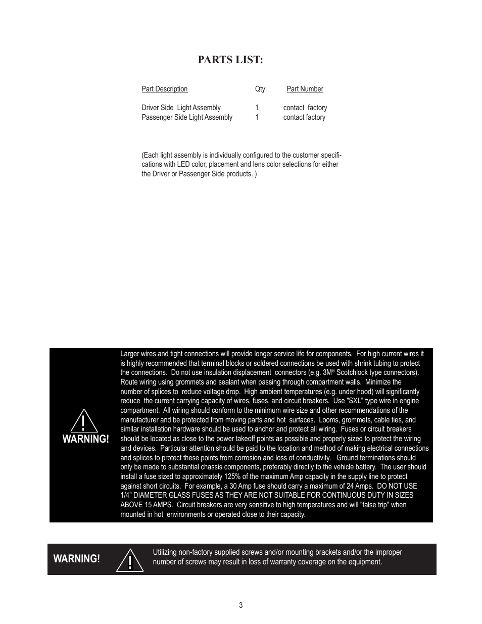 Warning, Parts list | Code 3 Caprice Side Marker LED light User Manual | Page 3 / 4