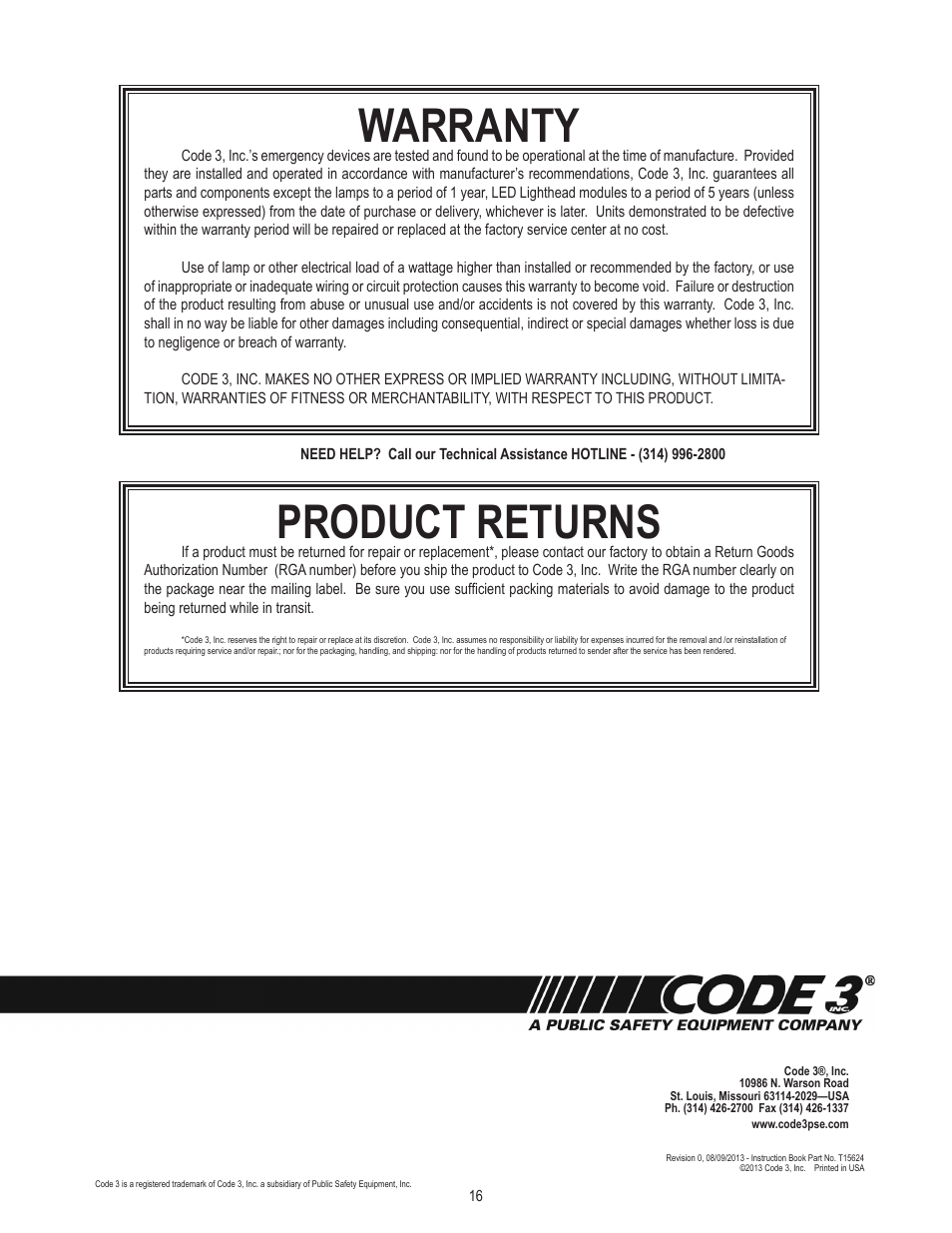 Warranty, Product returns | Code 3 CELS control box User Manual | Page 16 / 16