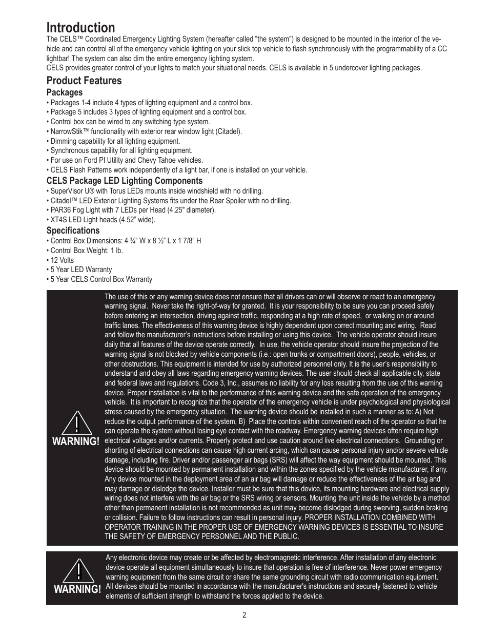 Introduction, Product features, Warning | Code 3 CELS control box User Manual | Page 2 / 16