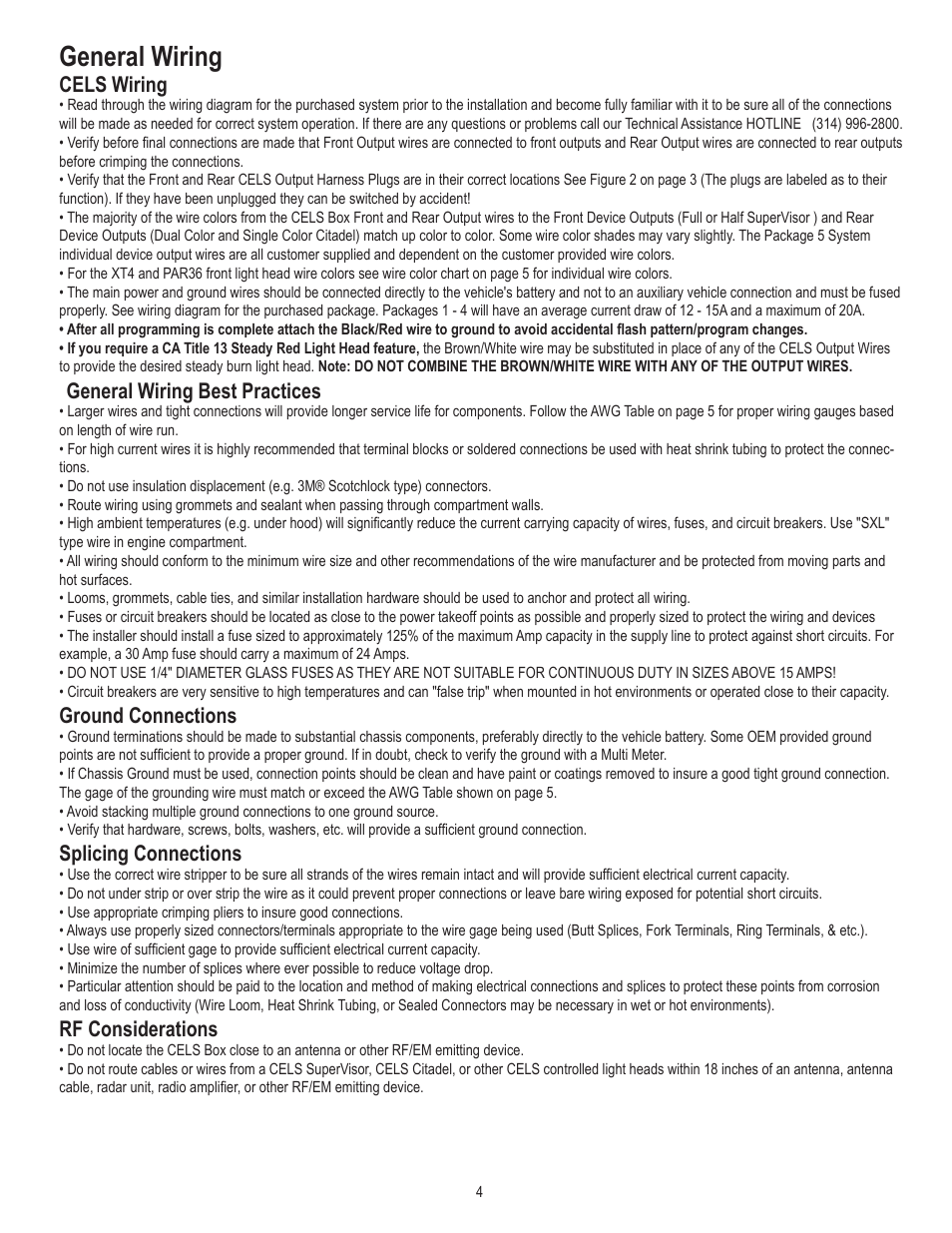 General wiring, Cels wiring, General wiring best practices | Ground connections, Splicing connections, Rf considerations | Code 3 CELS control box User Manual | Page 4 / 16