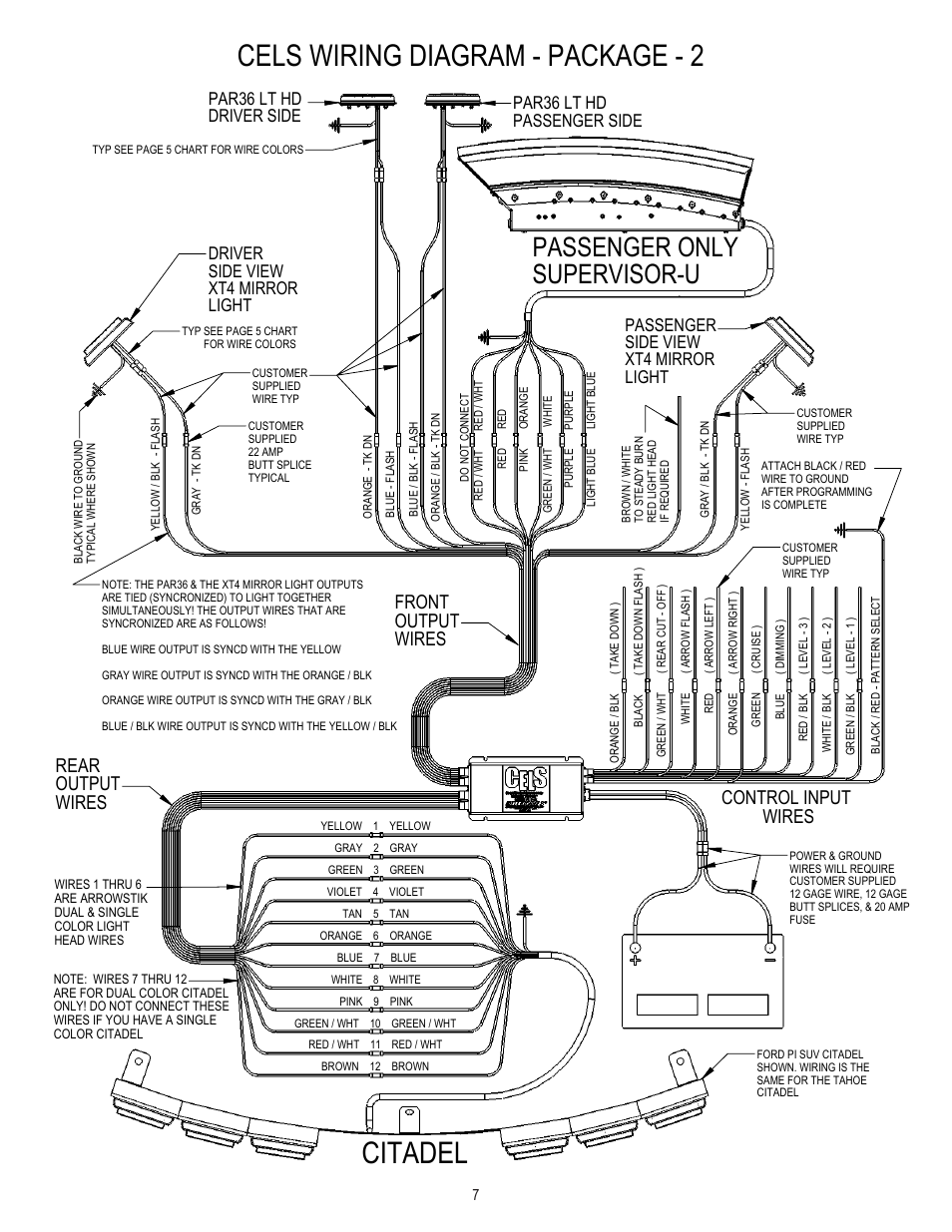 Citadel, Cels wiring diagram - package - 2, Passenger only supervisor-u | Control input wires, Front output wires rear output wires | Code 3 CELS control box User Manual | Page 7 / 16
