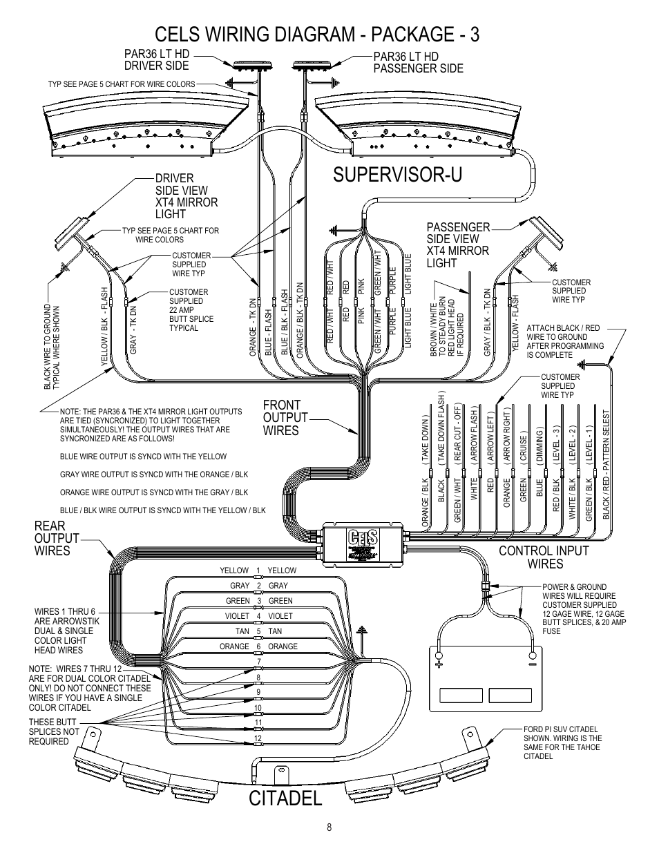 Citadel, Cels wiring diagram - package - 3, Supervisor-u | Control input wires, Front output wires rear output wires | Code 3 CELS control box User Manual | Page 8 / 16