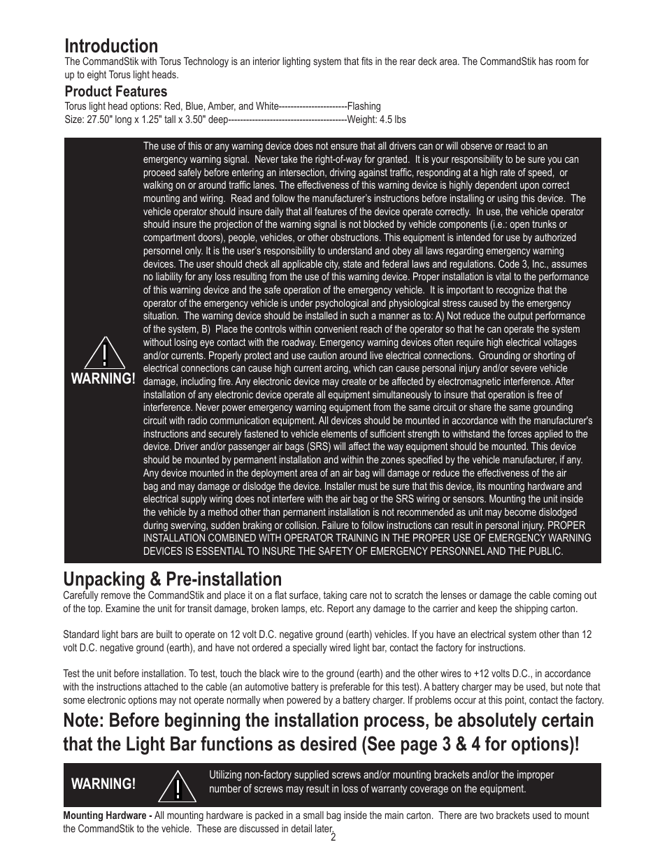 Unpacking & pre-installation, Introduction, Product features | Warning | Code 3 CommandStik User Manual | Page 2 / 8