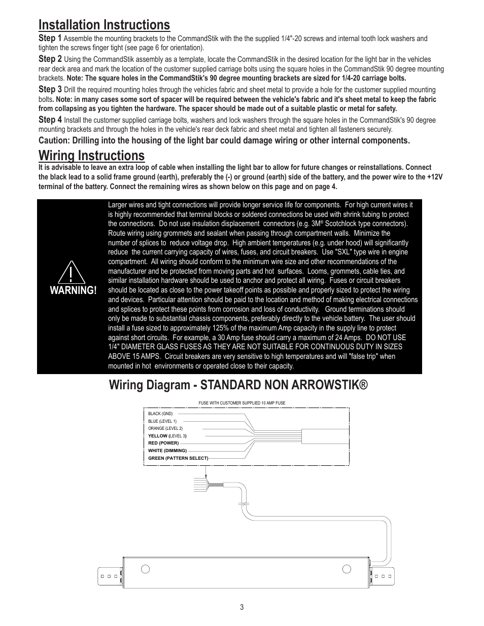 Installation instructions, Wiring instructions, Wiring diagram - standard non arrowstik | Warning | Code 3 CommandStik User Manual | Page 3 / 8