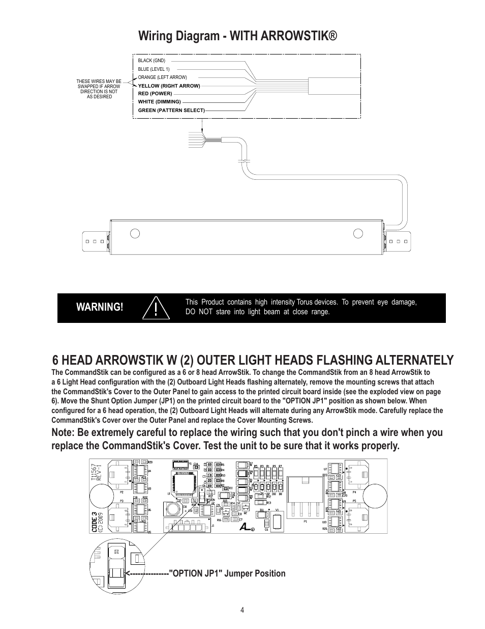 Wiring diagram - with arrowstik, Warning, Option jp1" jumper position | Code 3 CommandStik User Manual | Page 4 / 8