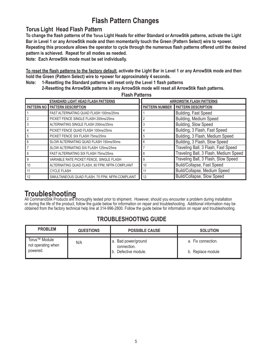 Troubleshooting, Flash pattern changes, Torus | Light head flash pattern, Troubleshooting guide | Code 3 CommandStik User Manual | Page 5 / 8