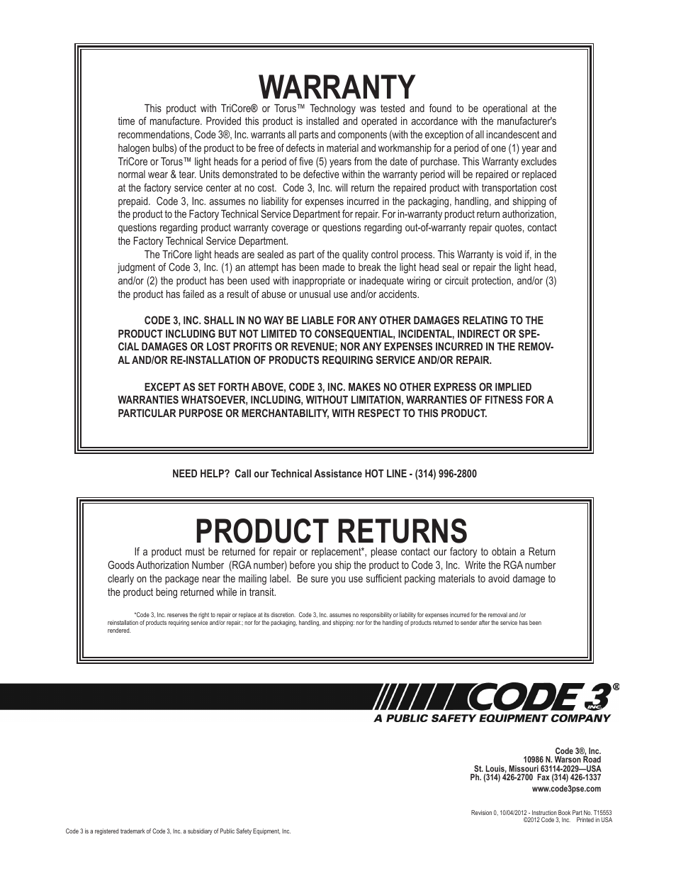 Product returns, Warranty | Code 3 CommandStik User Manual | Page 8 / 8