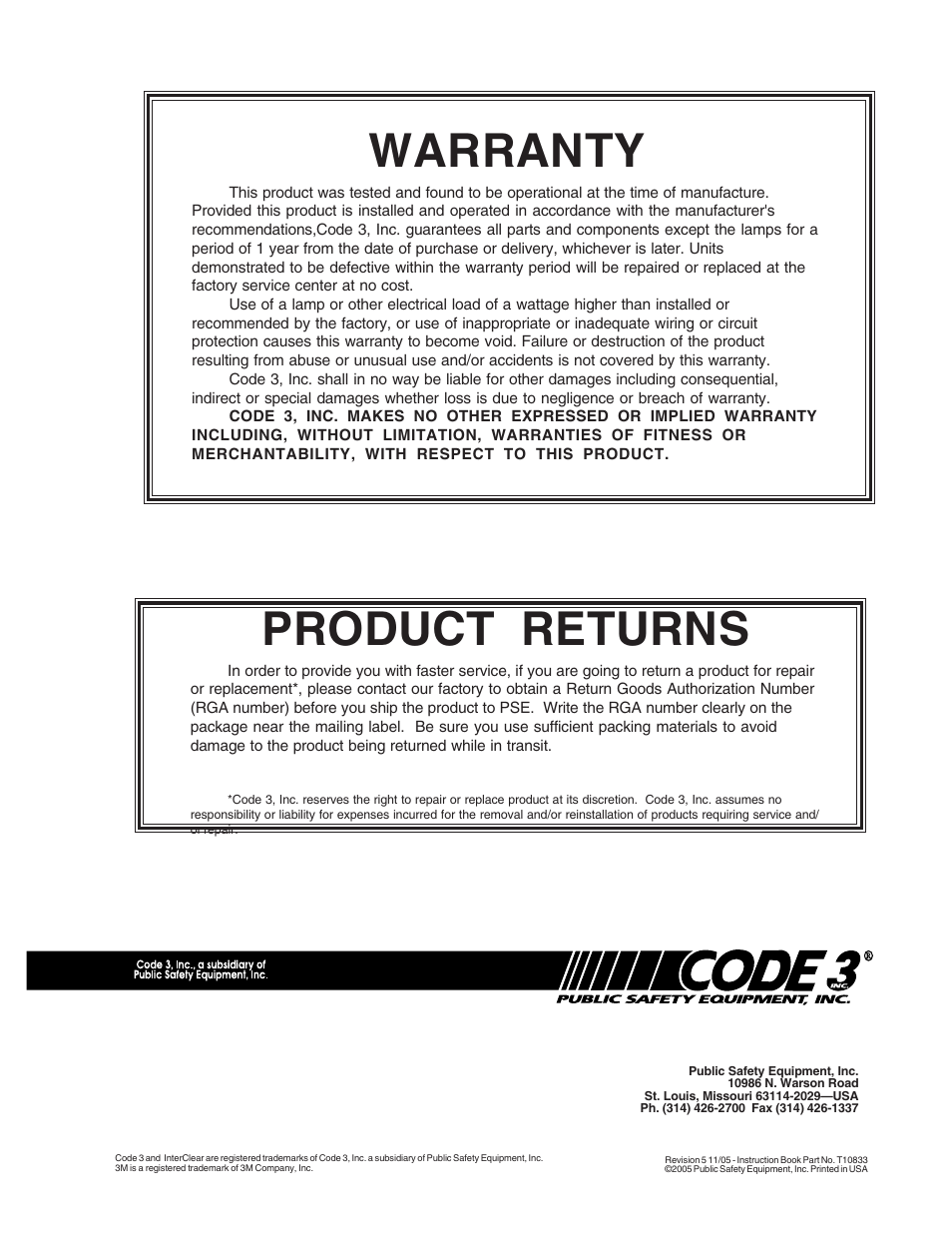 Warranty, Product returns | Code 3 Scorpion Siren User Manual | Page 16 / 16