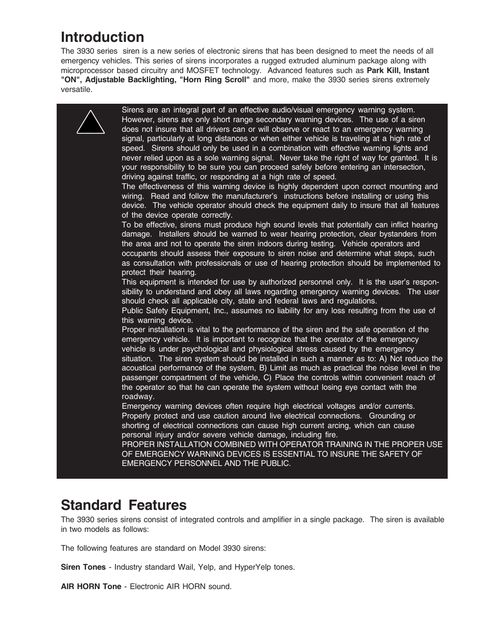 Introduction, Standard features | Code 3 Scorpion Siren User Manual | Page 2 / 16