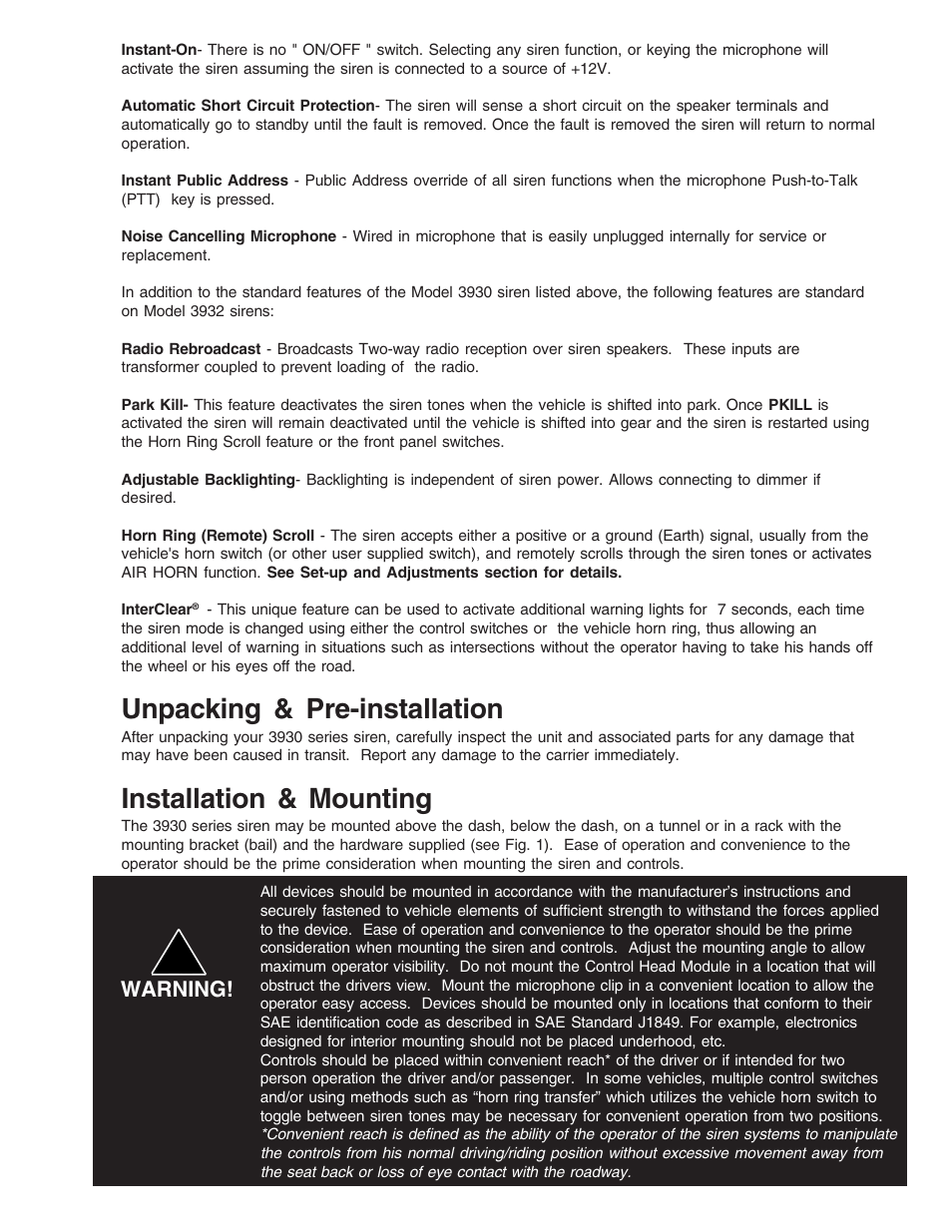 Unpacking & pre-installation, Installation & mounting, Warning | Code 3 Scorpion Siren User Manual | Page 3 / 16