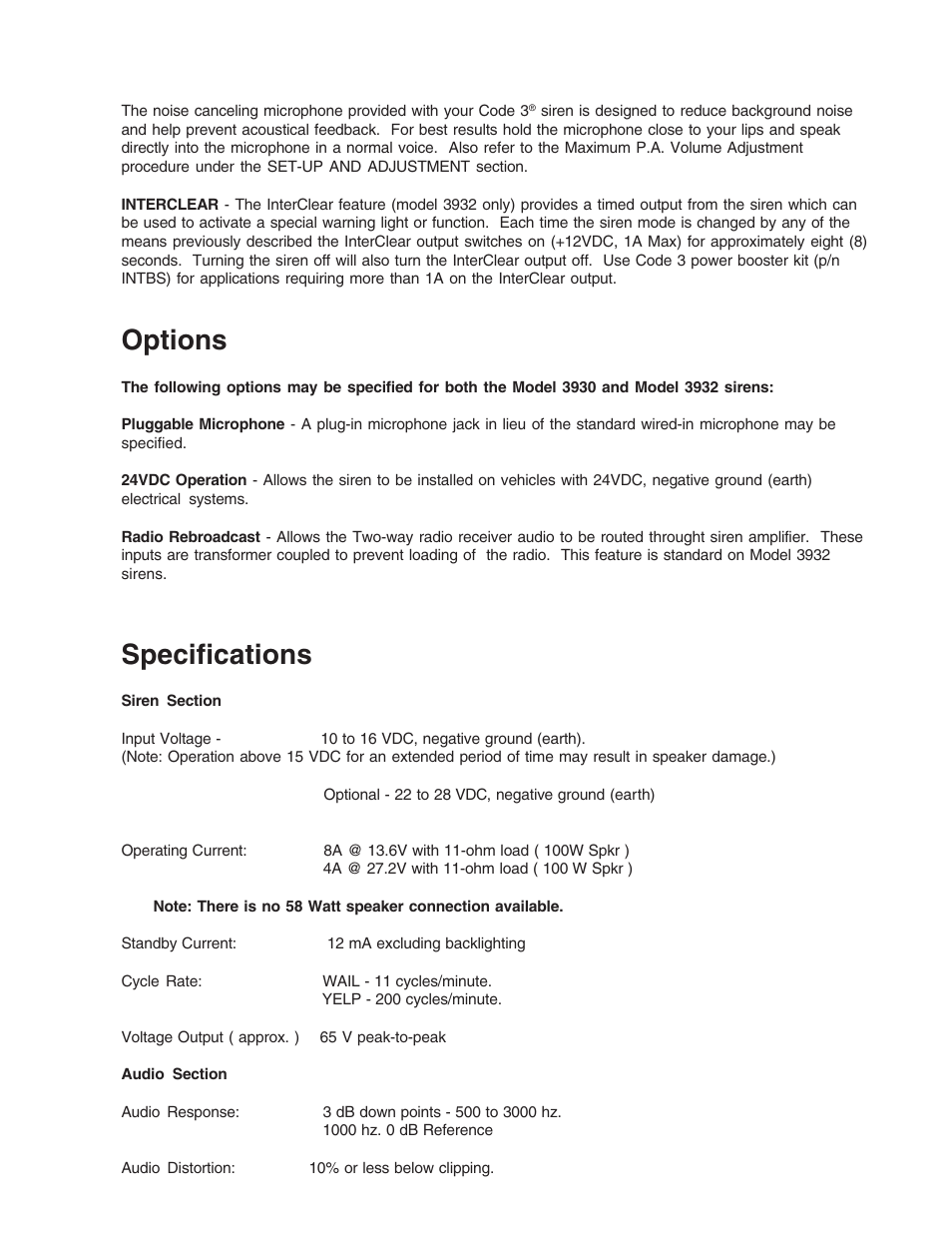 Options, Specifications | Code 3 Scorpion Siren User Manual | Page 8 / 16