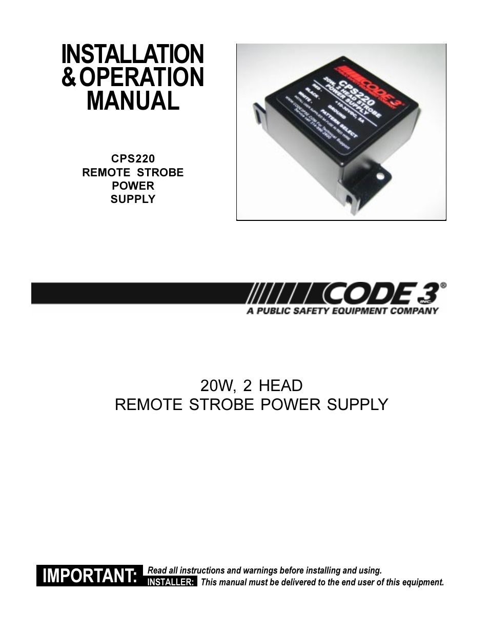 Code 3 CPS220 Remote Strobe Power Supply User Manual | 8 pages