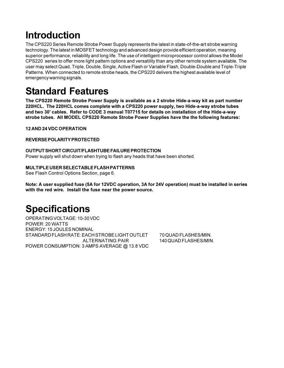 Introduction, Standard features, Specifications | Code 3 CPS220 Remote Strobe Power Supply User Manual | Page 2 / 8