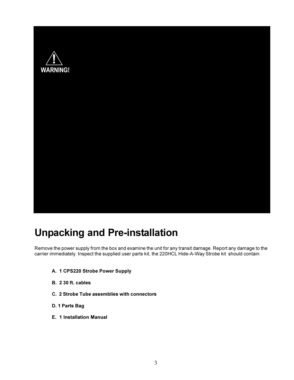 Unpacking and pre-installation | Code 3 CPS220 Remote Strobe Power Supply User Manual | Page 3 / 8