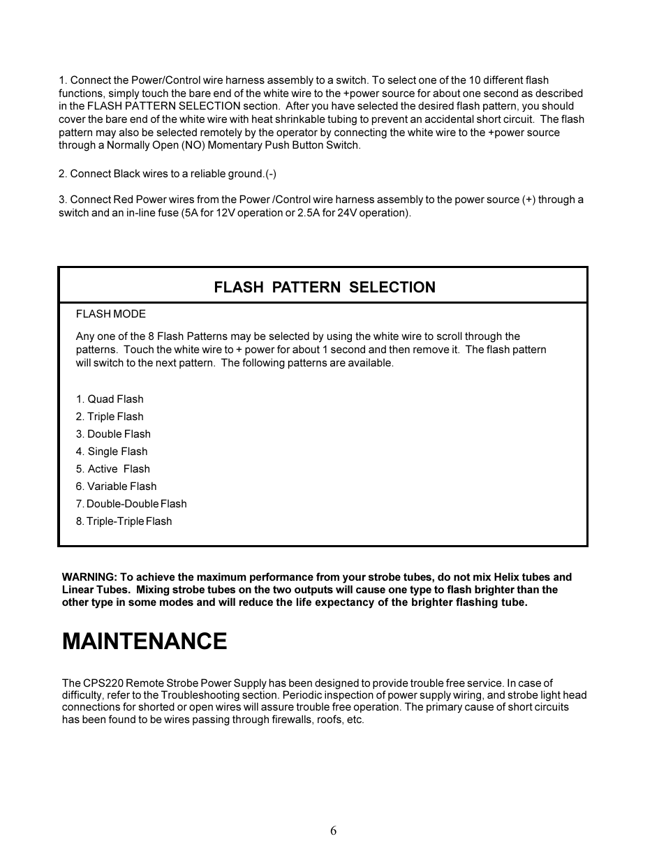 Maintenance, Flash pattern selection | Code 3 CPS220 Remote Strobe Power Supply User Manual | Page 6 / 8