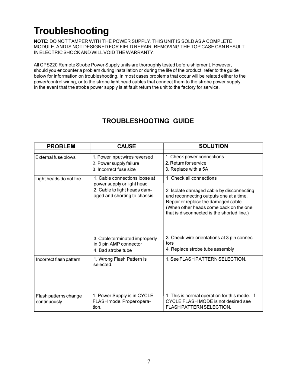 Troubleshooting, Troubleshooting guide | Code 3 CPS220 Remote Strobe Power Supply User Manual | Page 7 / 8