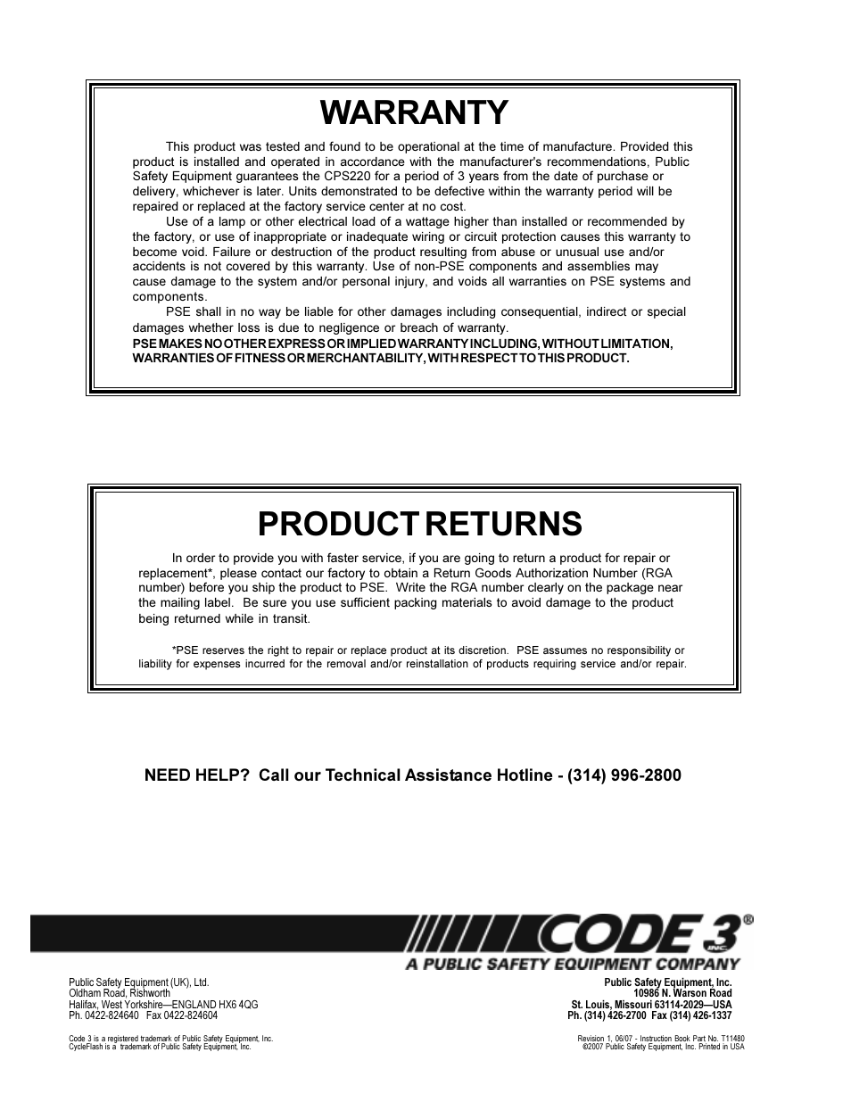 Warranty, Product returns | Code 3 CPS220 Remote Strobe Power Supply User Manual | Page 8 / 8