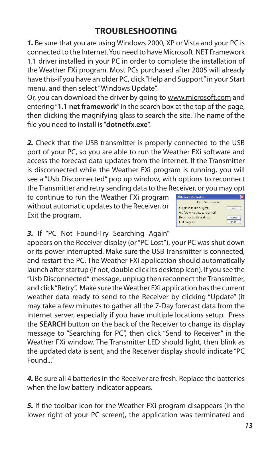 Troubleshooting | Bushnell WEATHERFX 960900C User Manual | Page 13 / 16