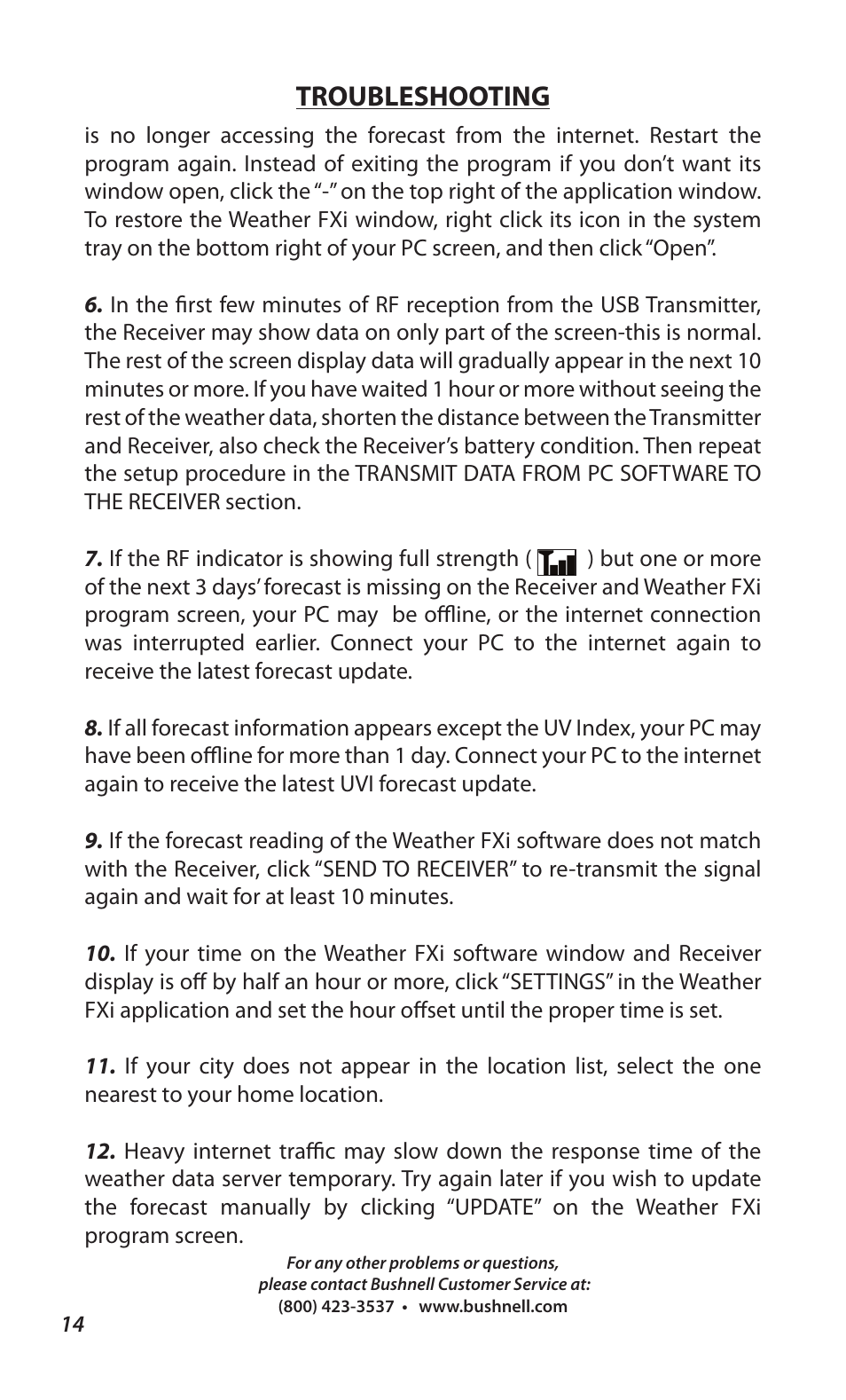 Troubleshooting | Bushnell WEATHERFX 960900C User Manual | Page 14 / 16