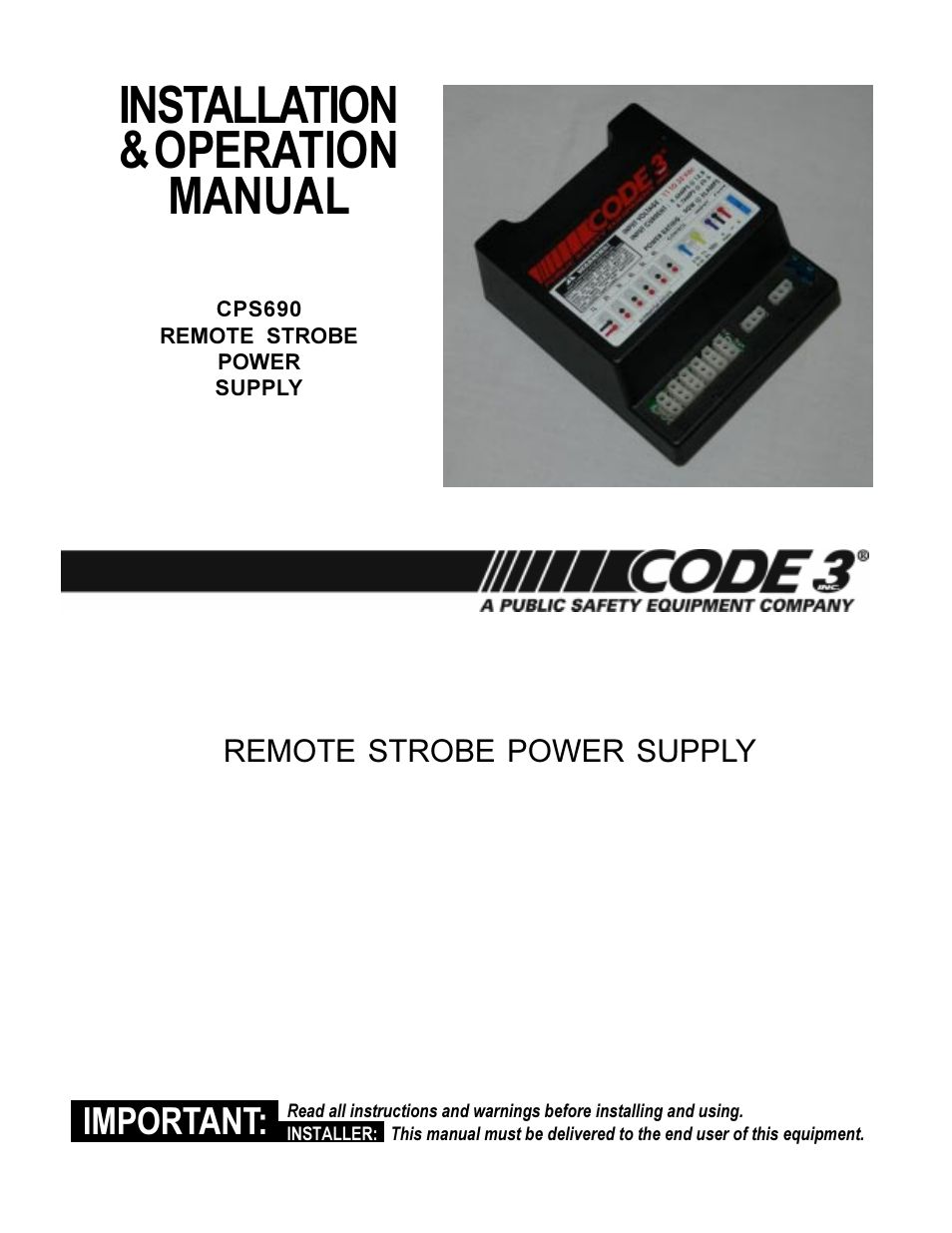 Code 3 CPS690 Remote Strobe Power Supply User Manual | 12 pages