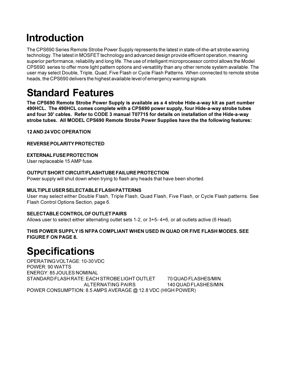 Introduction, Standard features, Specifications | Code 3 CPS690 Remote Strobe Power Supply User Manual | Page 2 / 12