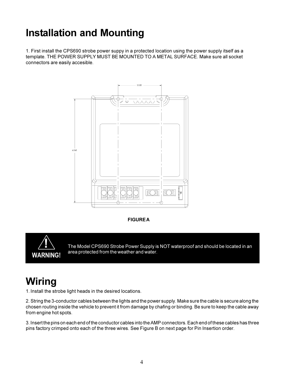 Installation and mounting, Wiring | Code 3 CPS690 Remote Strobe Power Supply User Manual | Page 4 / 12