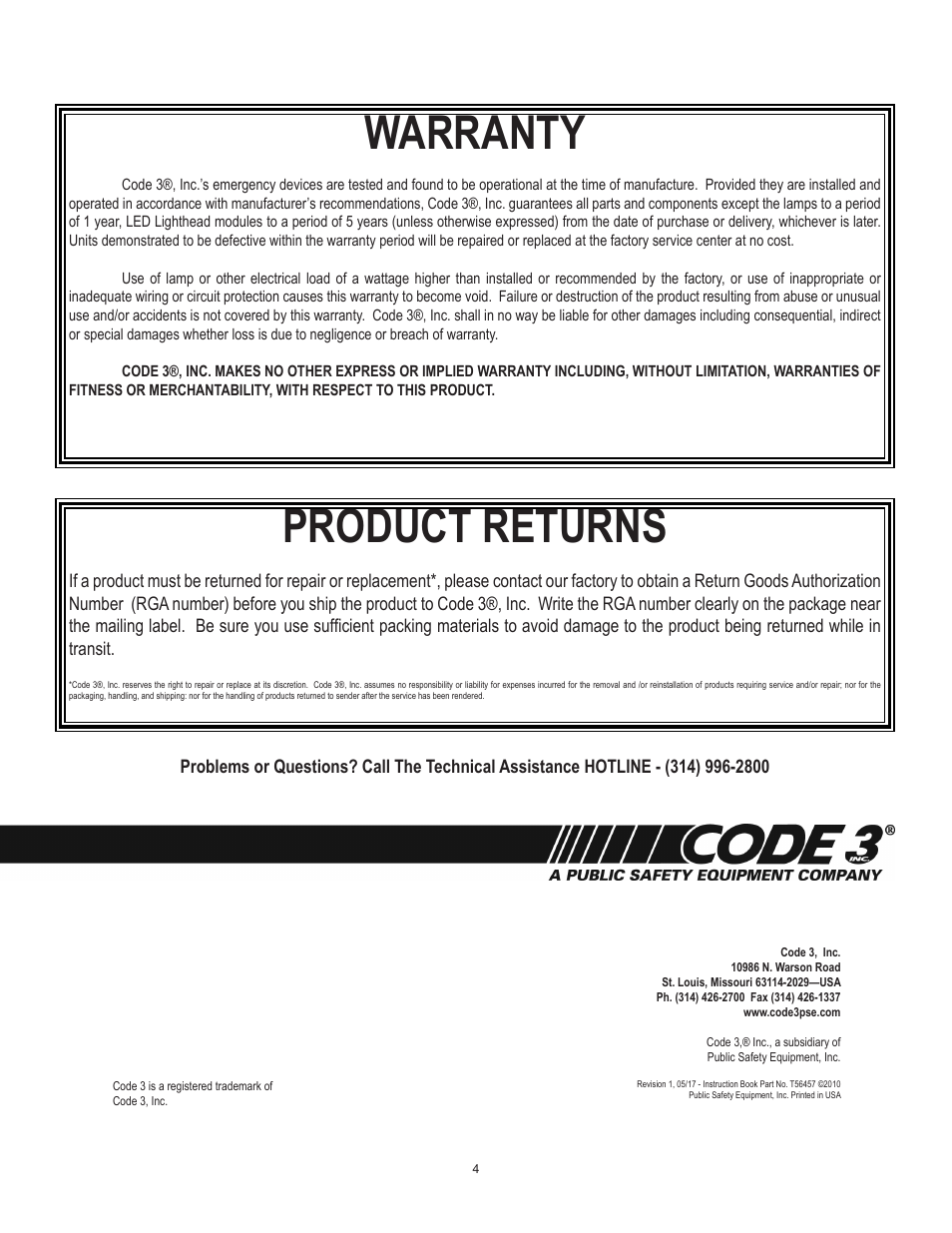 Warranty, Product returns | Code 3 for 2010 Tahoe User Manual | Page 4 / 4