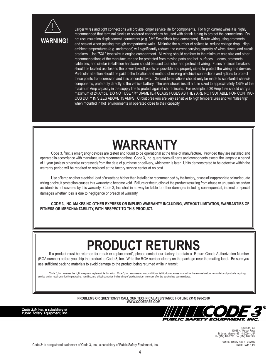 Product returns, Warranty, Warning | Code 3 for 2011 Ford PI Utility and Explorer User Manual | Page 4 / 4