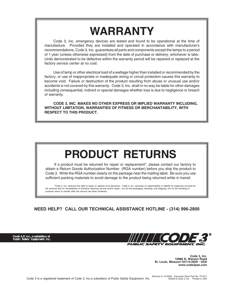 Warranty, Product returns | Code 3 DashLaser User Manual | Page 12 / 12