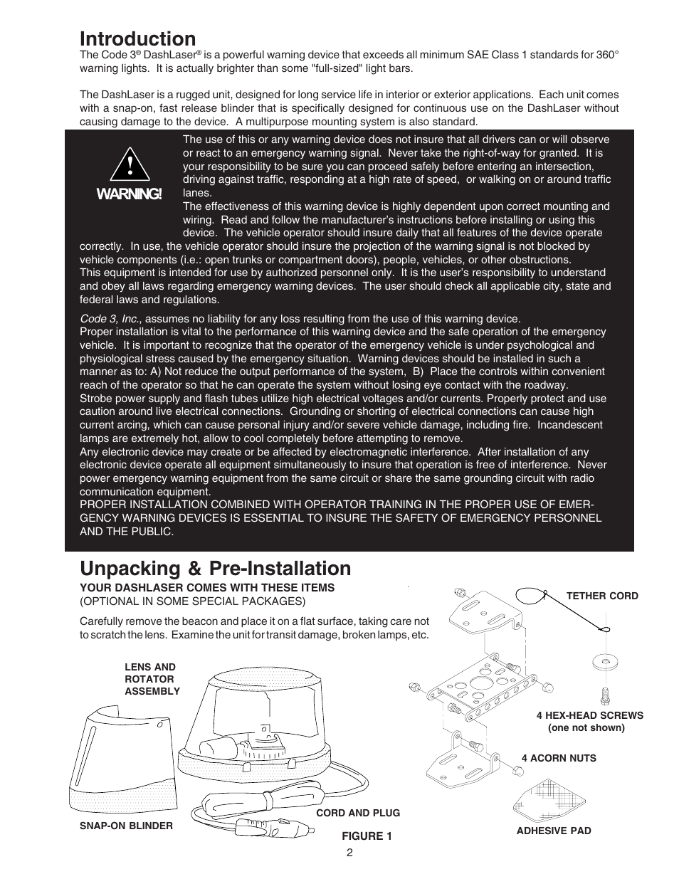 Introduction, Unpacking & pre-installation, Warning | Code 3 DashLaser User Manual | Page 2 / 12