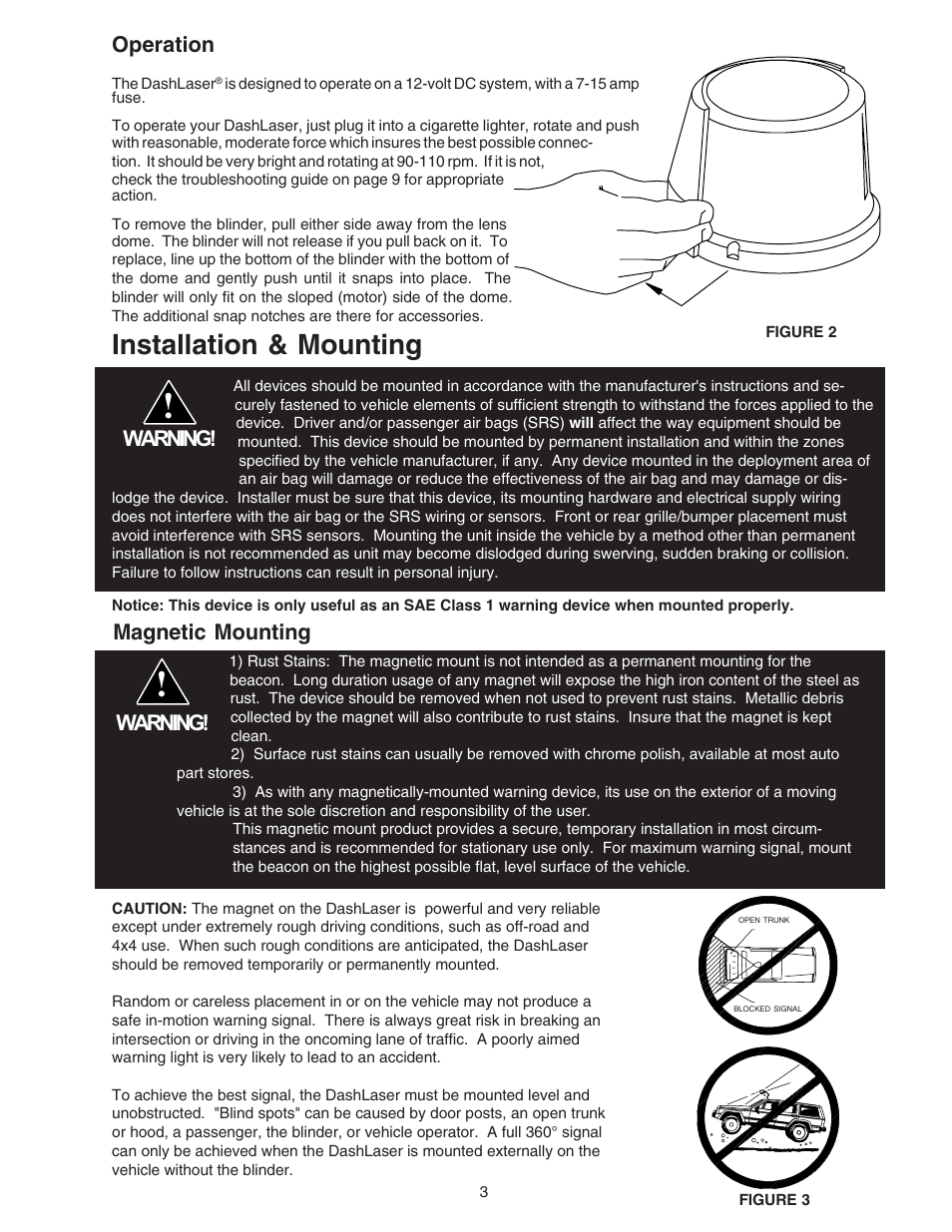 Installation & mounting, Warning, Magnetic mounting | Operation | Code 3 DashLaser User Manual | Page 3 / 12
