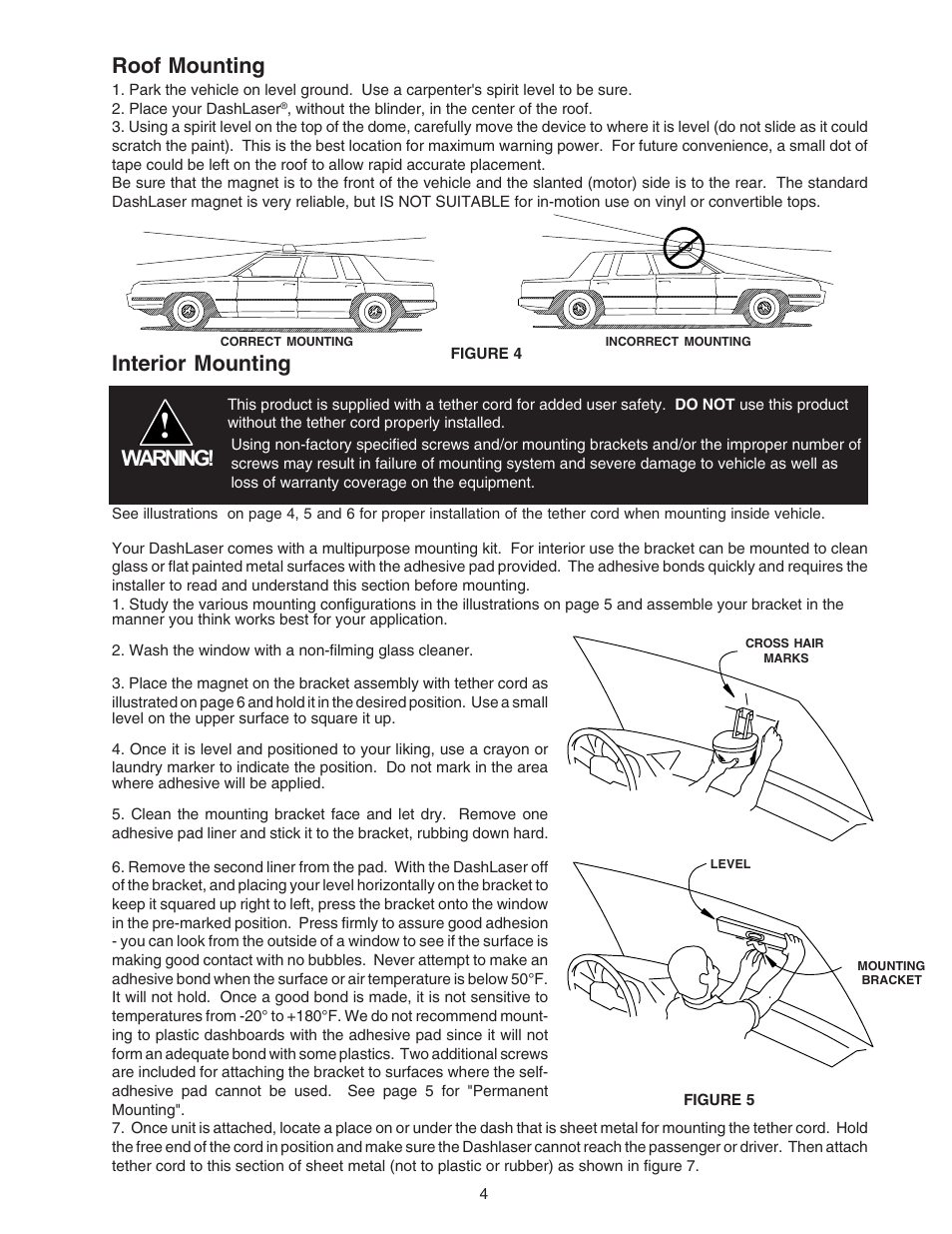 Warning, Interior mounting roof mounting | Code 3 DashLaser User Manual | Page 4 / 12