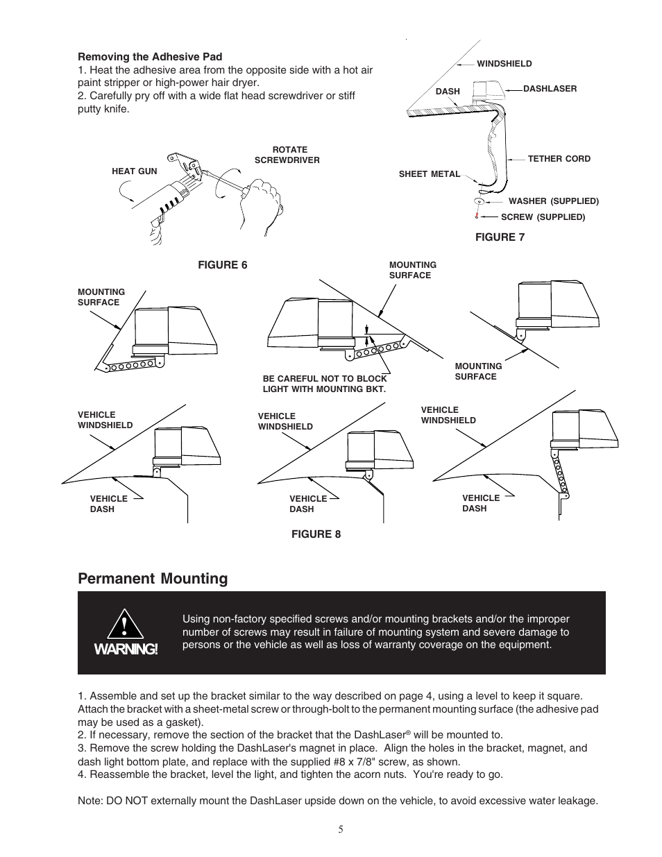 Permanent mounting, Warning | Code 3 DashLaser User Manual | Page 5 / 12