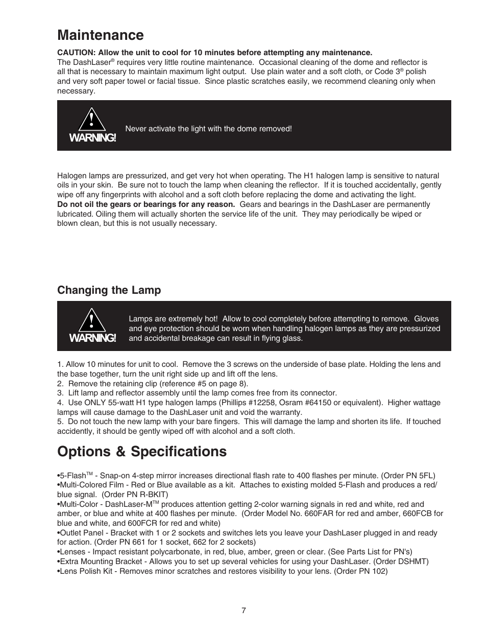Options & specifications, Maintenance, Warning | Changing the lamp | Code 3 DashLaser User Manual | Page 7 / 12