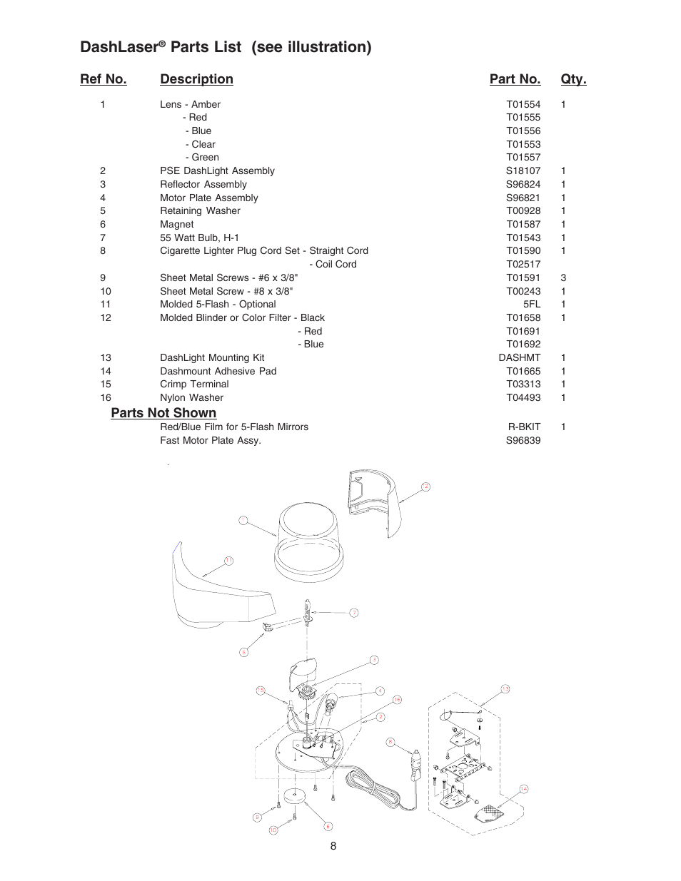 Dashlaser, Parts list (see illustration), Ref no. description part no. qty | Parts not shown | Code 3 DashLaser User Manual | Page 8 / 12