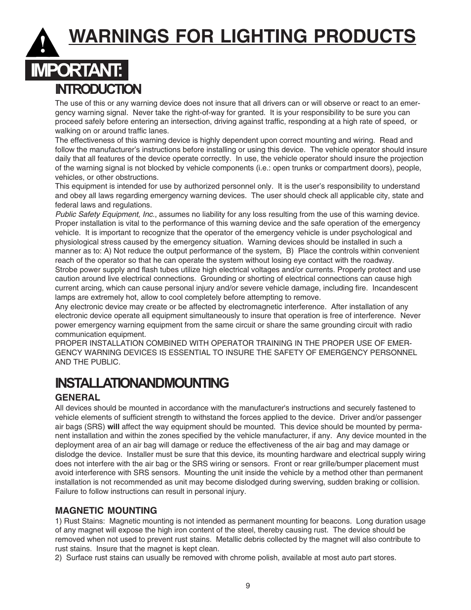 Warnings for lighting products, Important | Code 3 DashLaser User Manual | Page 9 / 12