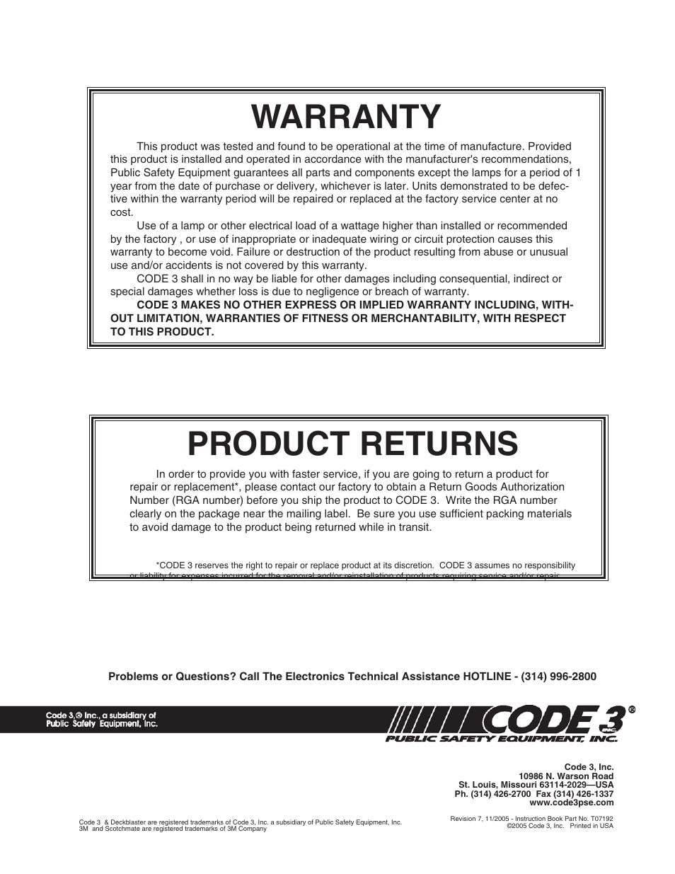 Warranty, Product returns | Code 3 DeckBlaster User Manual | Page 10 / 10