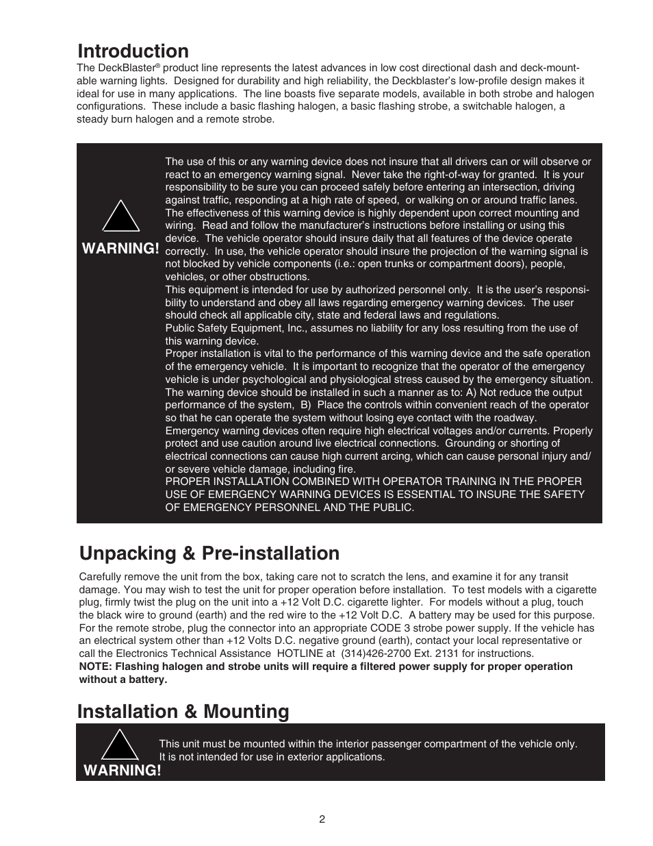 Introduction, Unpacking & pre-installation, Installation & mounting | Code 3 DeckBlaster User Manual | Page 2 / 10