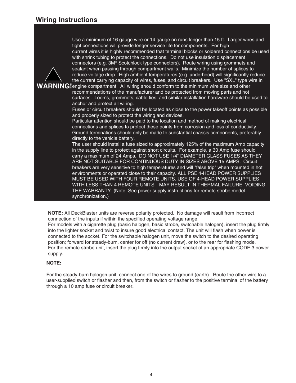 Warning, Wiring instructions | Code 3 DeckBlaster User Manual | Page 4 / 10