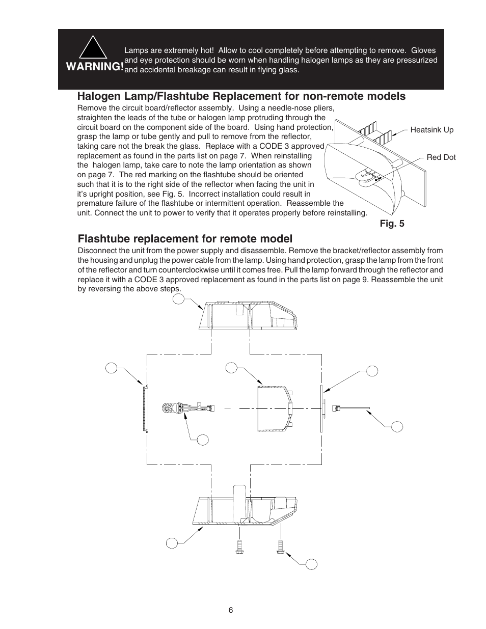 Flashtube replacement for remote model, Warning | Code 3 DeckBlaster User Manual | Page 6 / 10