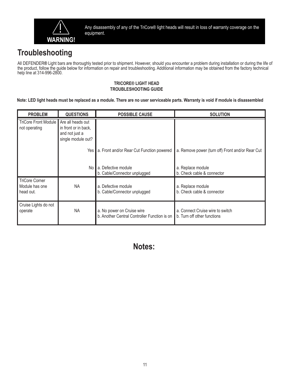 Troubleshooting, Warning | Code 3 Defender User Manual | Page 11 / 12