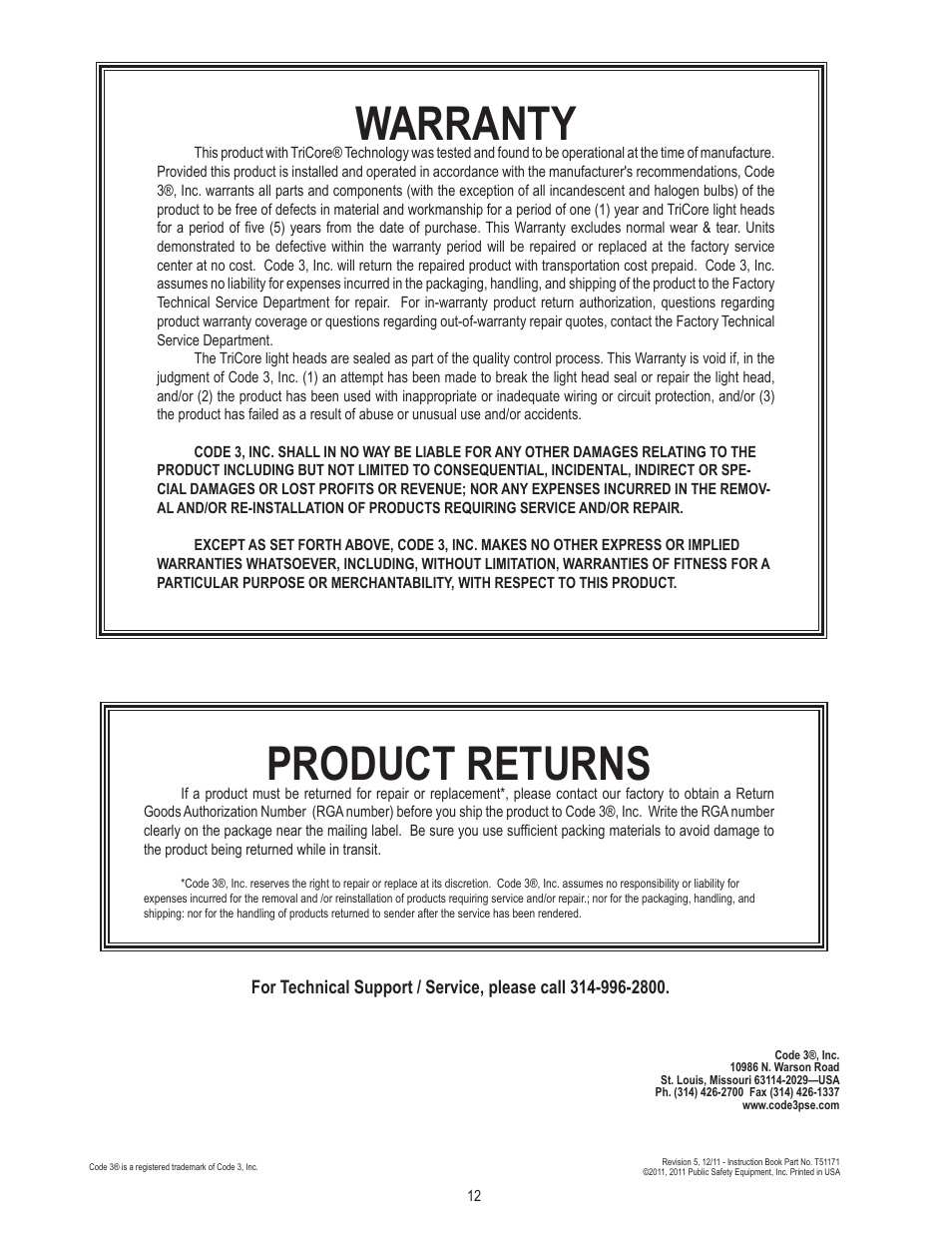 Warranty, Product returns | Code 3 Defender User Manual | Page 12 / 12