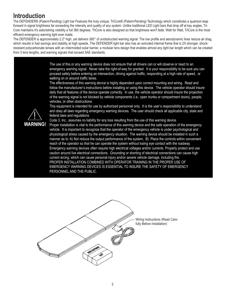 Introduction, Warning | Code 3 Defender User Manual | Page 2 / 12