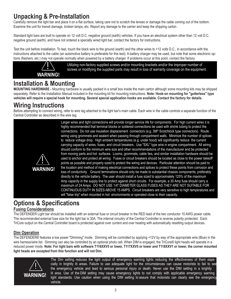 Unpacking & pre-installation, Installation & mounting, Wiring instructions | Options & specifications, Warning | Code 3 Defender User Manual | Page 3 / 12