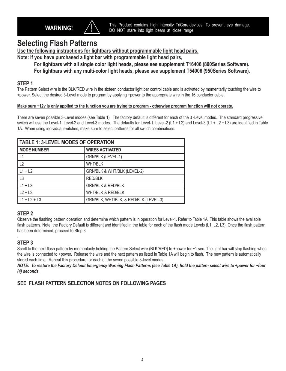 Selecting flash patterns, Warning | Code 3 Defender User Manual | Page 4 / 12