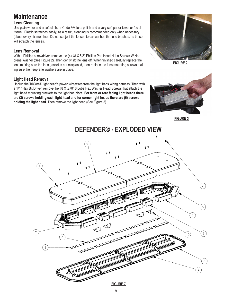 Defender® - exploded view, Maintenance | Code 3 Defender User Manual | Page 9 / 12