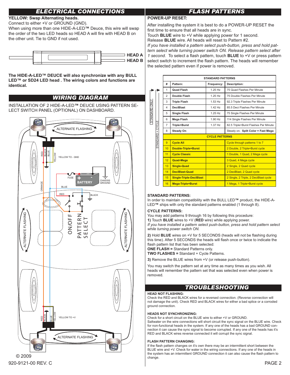 Electrical connections flash patterns, Wiring diagram, Troubleshooting | Fo/ n o | Code 3 Dual Head Wildcat User Manual | Page 2 / 2