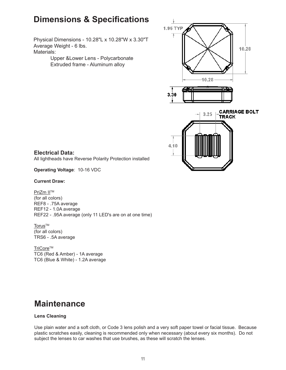 Dimensions & specifications, Maintenance | Code 3 DuoBeam II User Manual | Page 11 / 12