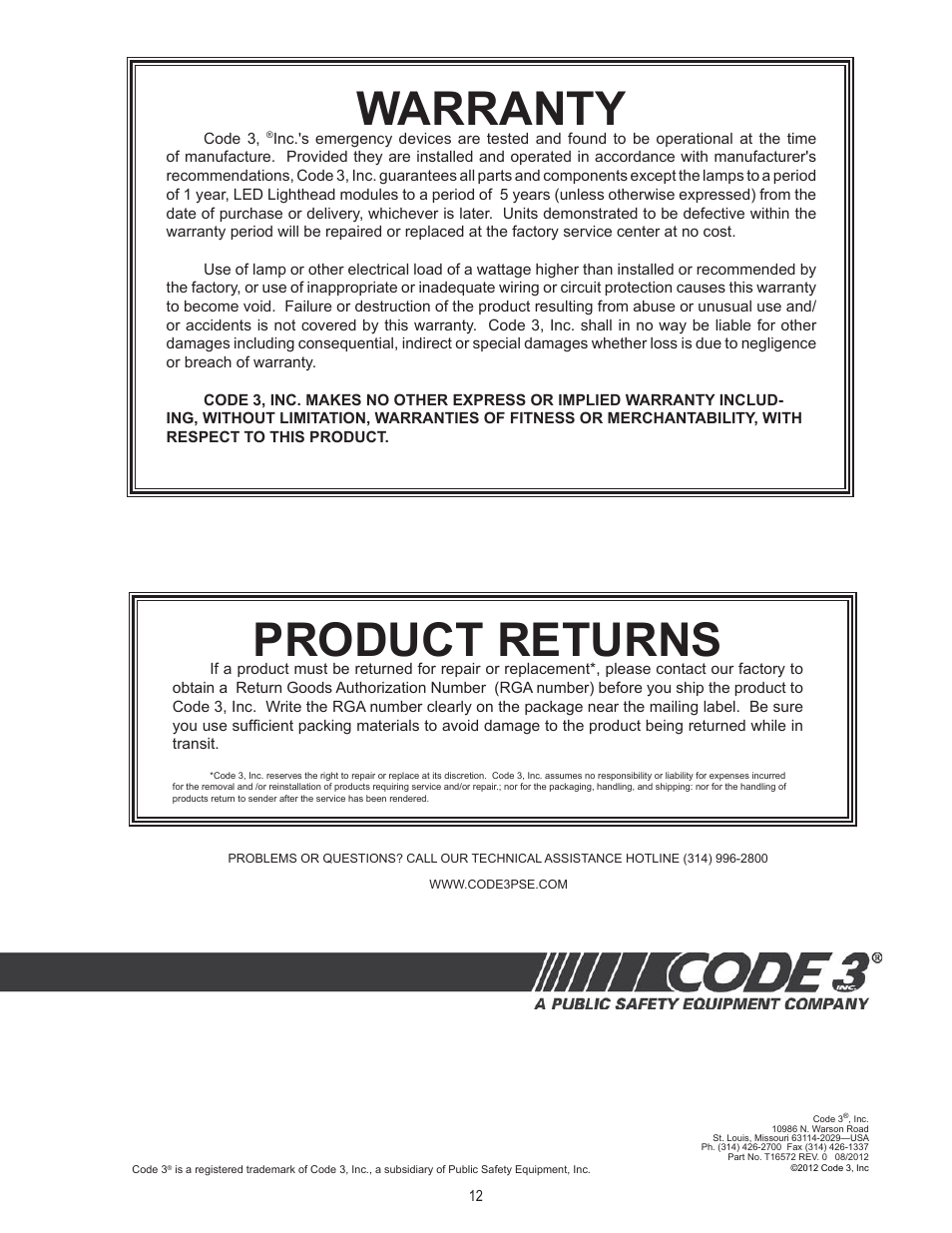 Product returns, Warranty | Code 3 DuoBeam II User Manual | Page 12 / 12